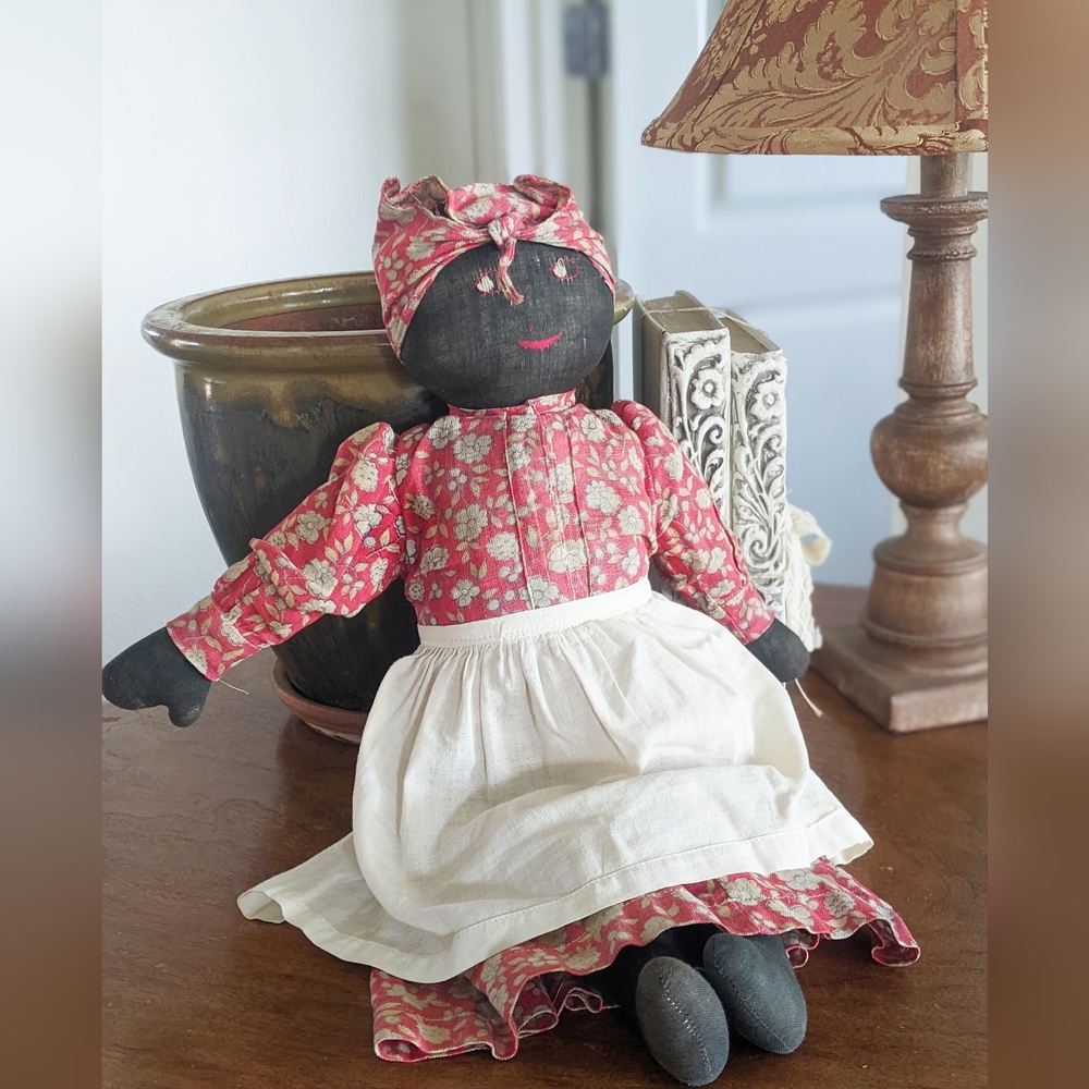 Vintage 1950's Handmade Floral Ethnic Cloth Doll with Apron
